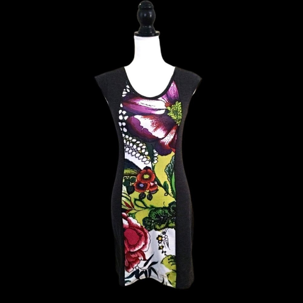 Desigual A-Line Shift Dress Gray with Multi-Color Floral Print Design Size XS